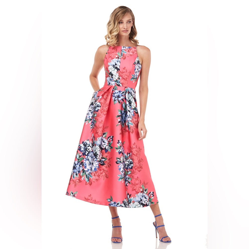 Kay Unger New York Madeline Floral Mikado Halter Dress Midi T-Length | Size 8